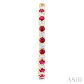 2.3 MM Round Ruby and 1 1/2 Ctw Round Cut Diamond Inside & Outside Alternating Precious Hoop Earrings in 14K Yellow Gold